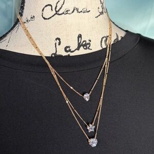 18k Gold P 3 Strand Layered Necklace with CZ